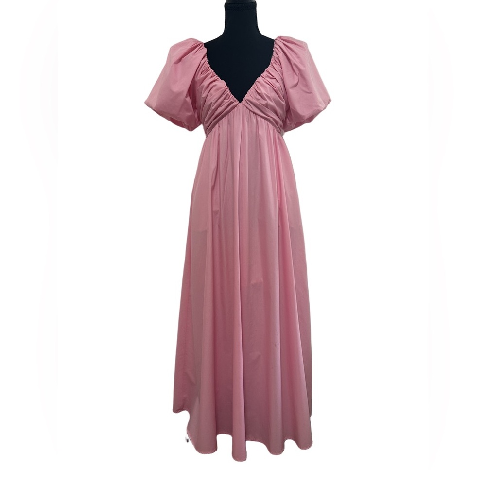 One and Only Collective. V-Neck Pink Maxi Dress with Puff Sleeves.(Small)